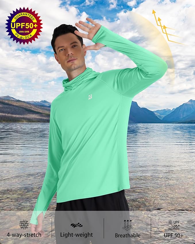 Roadbox Men's UPF 50+ Hooded Fishing Shirts Long Sleeve Sun Protection Hoodie, Hiking Running Swimming Rash Guard with Mask