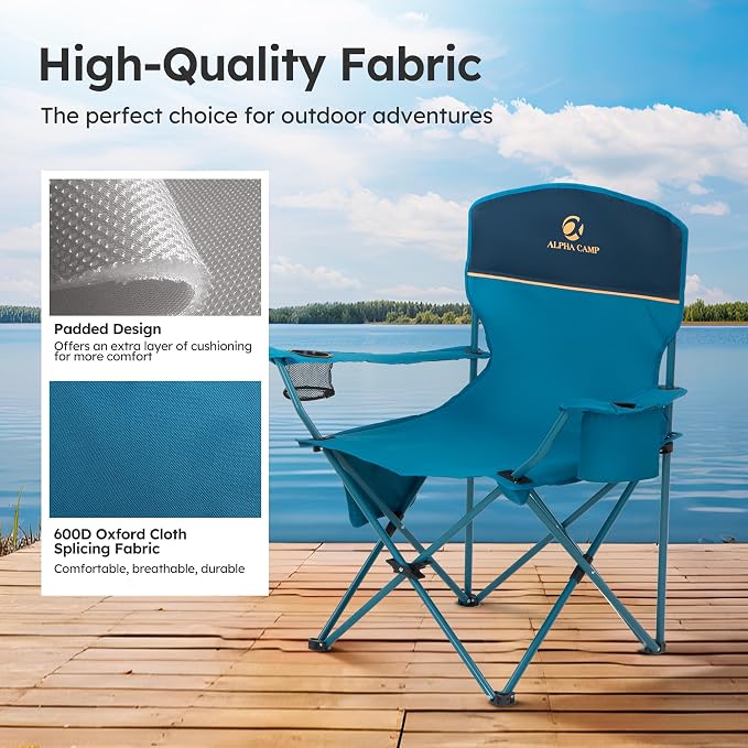 LET'S CAMP Camping Chair 2 Pack Folding Chair with 4-Can Cooler Bag Portable Lawn Chair with Cup Holder,Storage Pocket, Supports 250LBS, Collapsible Chair for Camp, Beach, Picnic (Blue)