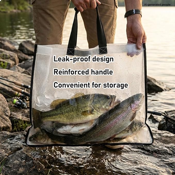 3-In-1 Fish Tote Fishing Tournament Weigh In Bag Fish Thick Durable Clear Poly Mesh Bag Leakproof Tear Resistant Tote 24'' x 18.5'', w/ 9" Floating Fish Lip Gripper & Hook Remover