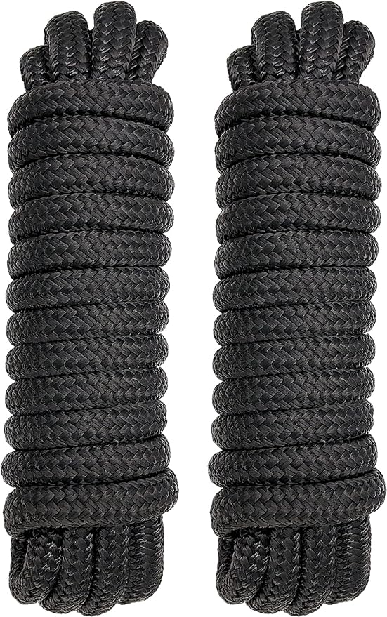 2 Pack 5/8" x 35' Dock Lines - Marine Grade Nylon Boat Rope with 16" Loop for Docking and Mooring - Double Braided Boat Lines, High Strength, Easy Handling, Fray Resistant - Black