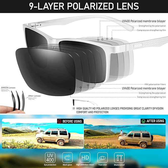 BIRCEN Polarized Mens Sunglasses for Driving: UV Protection Al-Mg Metal Sunglasses Lightweight Shades for Fishing Travel Golf