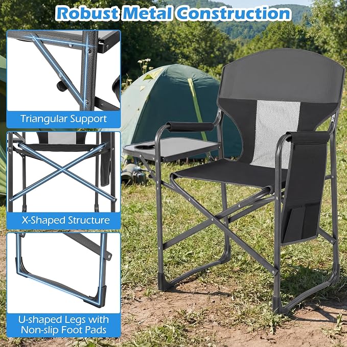 COSTWAY Oversized Folding Camping Chair with Padded Seat, Side Table, Cup Holder & Storage Pocket, Heavy-Duty Portable Director's Chair for Beach, Fishing, Picnic & Sports, Supports 400 lbs (Black,2)