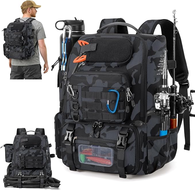 RAINSMORE Fishing Backpack with Rod Holders & Cooler 40L Water Resistant Tackle Backpack with Rain Cover Store Fishing Gear