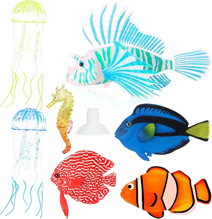 Weewooday 7 Pieces Artificial Fish Colorful Fake Fish Glowing Effect Aquarium Decor Floating Ornament for Tank Decoration(Simple Colors)
