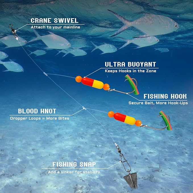 Pompano Rig Saltwater Surf Fishing Rigs – Double Drop Leader Rigs with Hooks, Floats, Beads & Snap – Easy Pre-Tied Terminal Tackle for Pompano, Whiting, Redfish