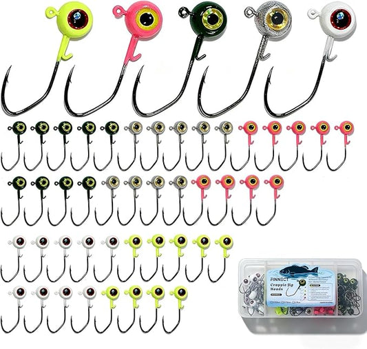 Crappie Jig Heads Kit, 45/50-Pack, 1/32oz, 1/16oz, 1/8oz, 5 Colors Fishing Jigs for Bass, Walleye, Panfish Freshwater Fishing