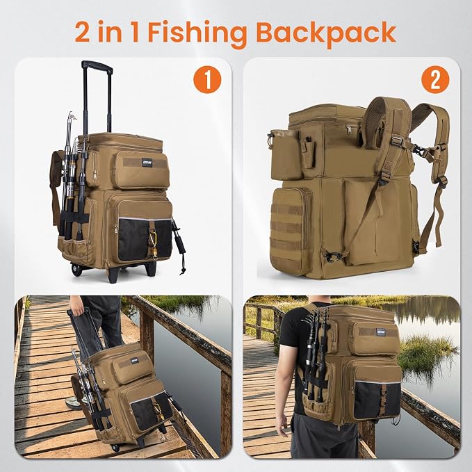 Goture 66L Rolling Tackle Box with Cooler, Khaki Large Fishing Bag with Wheels for 5 3700 Trays(Trays Not Included), Saltwater Resistant Tackle Backpack with Rod Holders
