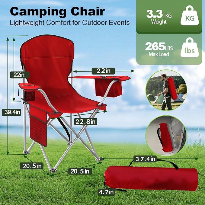 VTOY Folding Camping Chairs Durable 600D Oxford, Portable Outdoor Chair with Cooler Pouch, Cup Holder & Storage Pocket for Camping, Beach, Fishing