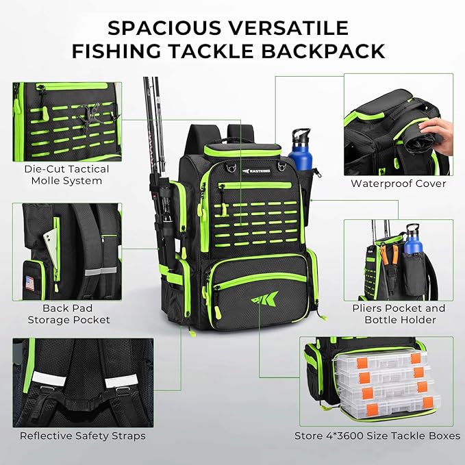 KastKing Bait Boss Fishing Tackle Backpack with Rod Holders-4 Tackle Boxes-Rain Cover,Storage for Fishing Gear
