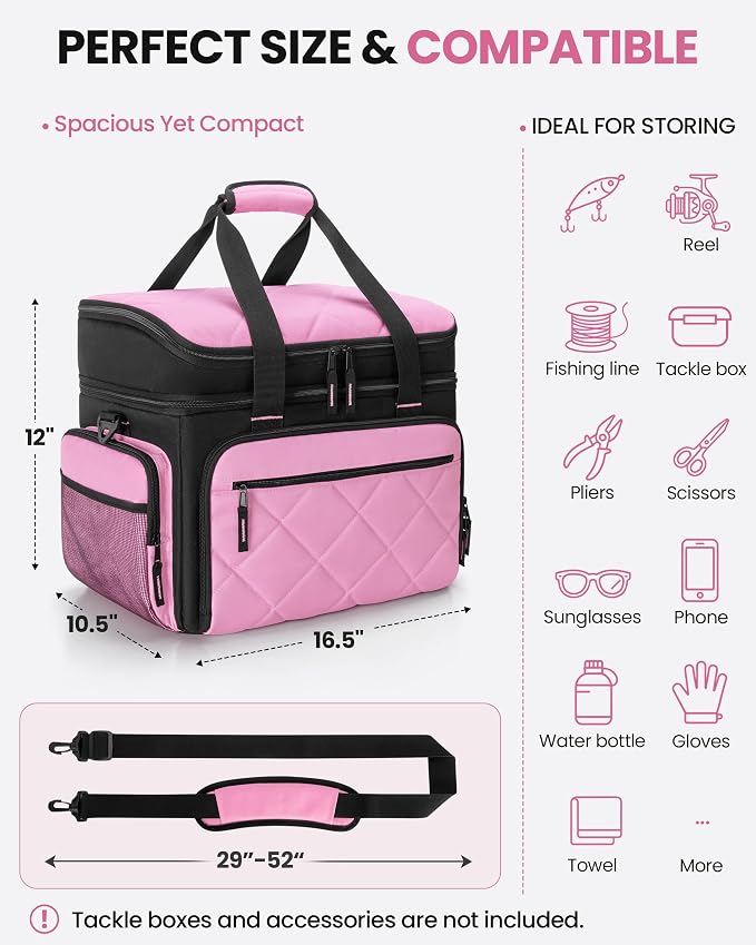 Smasrob Fishing Tackle Bag with Large Lure Boxes Pocket and Extra Top Tackle Trays Pocket, Fish Bag for Saltwater and Freshwater (Tackle Trays Not Included), Pink