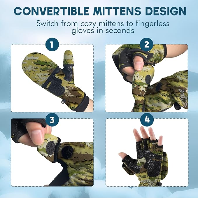 Riverruns Winter Fishing Gloves Convertible Mittens and Fingerless Gloves for Men Women, Ideal for Ice Fishing, Photography, Hunting, Outdoor Use