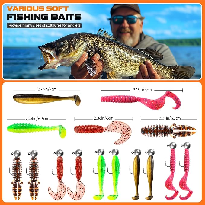 PLUSINNO Fishing Lures, 108PCS Tackle Box with Tackle Included Paddle Tail Swimbaits, Soft Worm Lures, Crappie Jigs Heads, Fishing Gear Bait Lure Kit Gifts for Men Trout Bass Freshwater