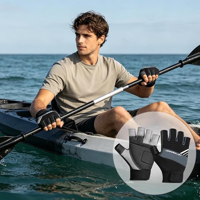 Kayaking Gloves 3/4 Finger Padded Palm Fingerless Gloves for Men Women Youth, with Resistant Palm and Grip, Easy to Take on and Off, for Sailing, Paddling, Kayaking, Fishing, Water Sports