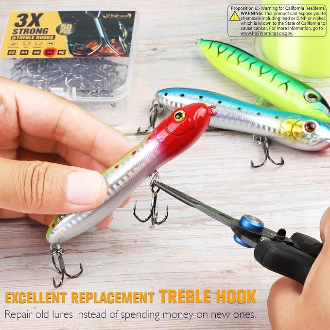 Dovesun Fishing Treble Hooks, Triple Hooks 3X Strong Professional V, 50PCS High Carbon Steel Replacement Fishing Hooks for Saltwater and Freshwater, Sizes #10#8#6#4#2