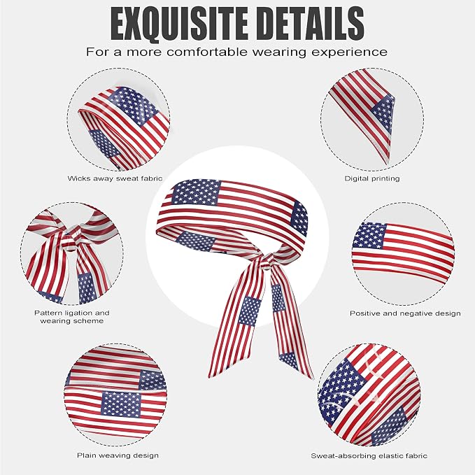 Flag Tie Headbands for Men Women, Moisture Wicking Sweatband Breathable Sports Headwrap, Non-Slip Stretchy Adjustable Fitness Hair Band