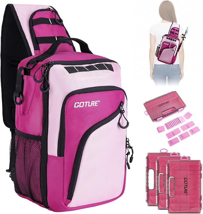 Goture Pink Fishing Tackle Bag, 1680D Water-Resistant Sling Fishing Backpack with Rod Holder, Anti-Slip Waist Strap, 3 Fishing Tackle Boxes, Fishing Gifts for Women Girls