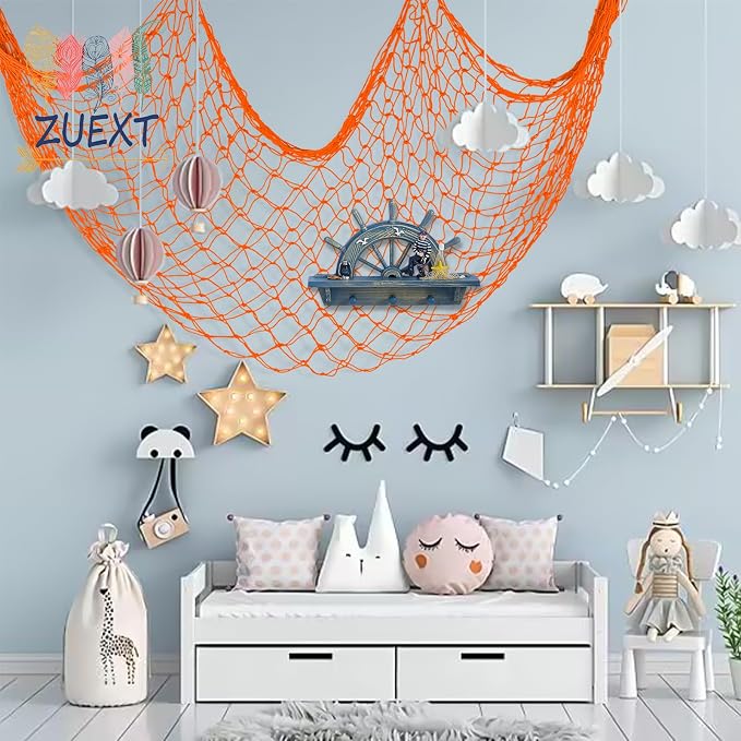 ZUEXT Decorative Fishing Net 80x40 Inch, 2 Pack Large Orange Picture Fish Net, Wall Photo Hanging Fishnet for Nautical Mermaid Pirate Ocean Themed Hawaii Beach Under The Sea Party Decorations