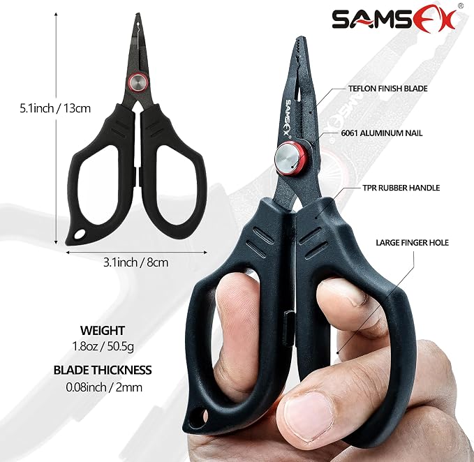 SAMSFX Fishing Scissors for Braided Line, Fishing Line Cutter Saltwater and Freshwater, Serrated Shears with Retractor, Optional Split Ring Opener Function