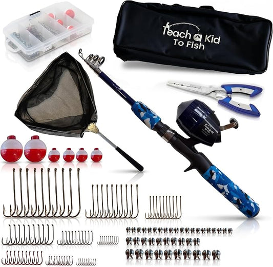 Kids Fishing Pole and Tackle Box Kit - Complete Fishing Kit for Beginners with Rod, Reel, Net & Fish Hook Remover Pliers and Carry Bag, Hands-Free Experience for Boys & Girls