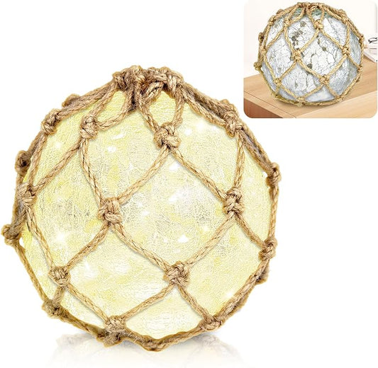 5.91" Glass Fishing Float Night Light – Cracked Glass Ball, Battery Powered Nautical Lamp for Coastal Beach Decor