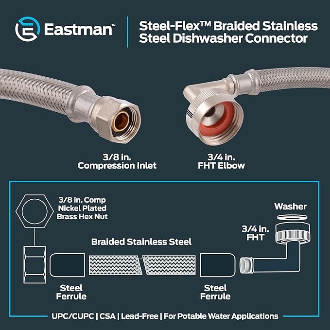 Eastman 10 foot Dishwasher Supply Line, 3/8 Inch Compression x 3/4 Inch FHT Elbow, Braided Stainless Steel Dishwasher Connectors, 41015