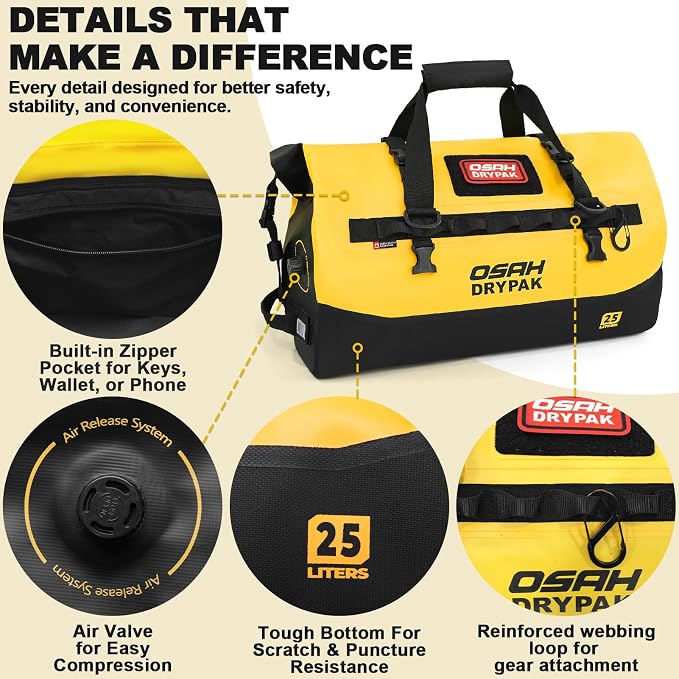 OSAH DRYPAK Waterproof Duffel Bag 25L/40L/60L – Heavy-Duty Motorcycle Tail Bag, Roll-Top Dry Bag for Travel, Camping, Boating, Kayaking, Outdoor Adventure