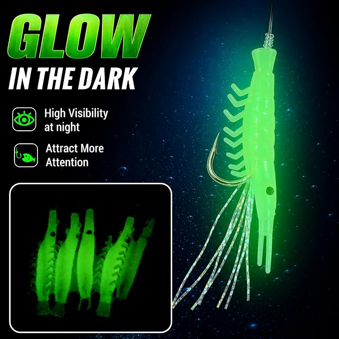 Shrimp Fishing Bait Rigs Kit, 10 Packs Saltwater Surf Fishing Rigs with 5 String Hooks Glow Soft Shrimp Lures Swivel Snap Shrimp Lure Rig for Mackerel Herring Baitfish