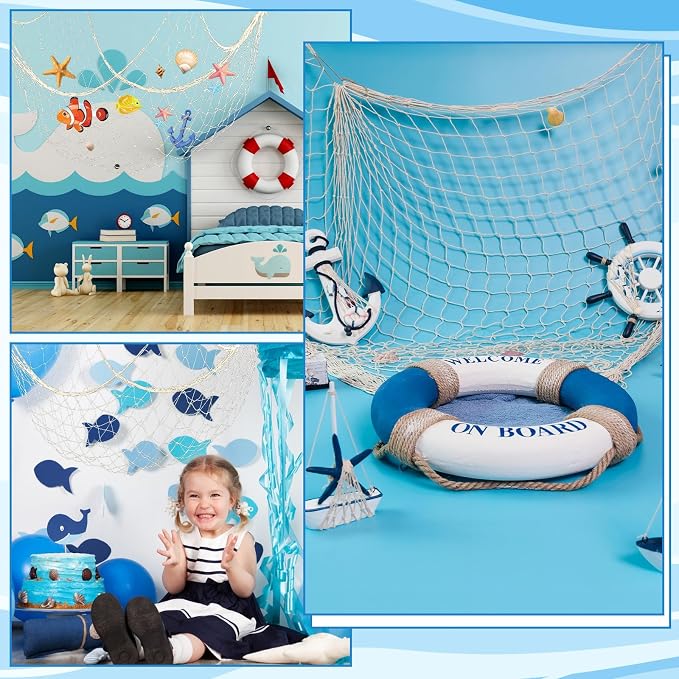 6Pcs fish net decorations Natural fishing net decor scallop beach Party Decoration Luau Tropical Nautical Beach Table Cover ocean Theme Decor for Party Home Bedroom Wall Hanging Nets
