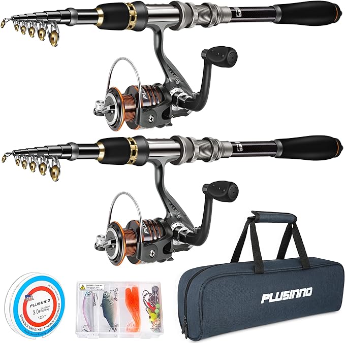 PLUSINNO Fishing Rod, Telescopic Fishing Rod and Reel Combo, Collapsible Travel Fishing Pole Rod Starter Kit, Carbon Fiber Fishing Rods and 12 +1 Bearings Stainless Steel, Fishing Gifts for Men Adults