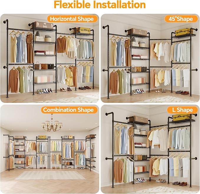 W4 Industrial Pipe Clothing Rack Wall Mounted Closet System Expandable Clothes Rack for Hanging Clothes, Heavy Duty Garment Rack Adjustable for Walk in Closet, Black