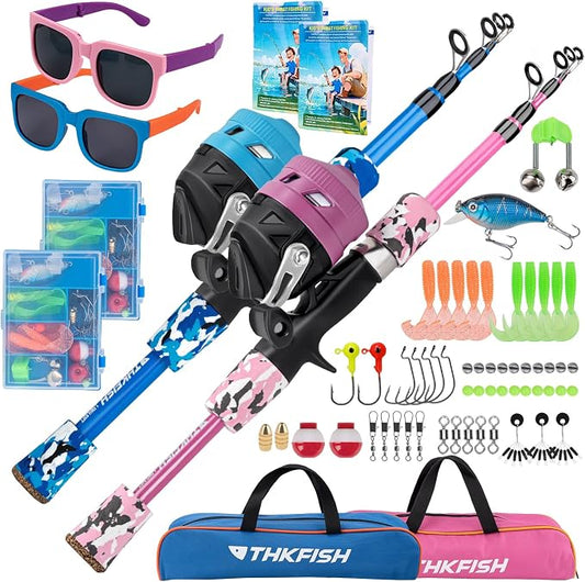 Kids Fishing Pole Set, Telescopic Fishing Rod Reel Combo Kids Starter Kit with Lures Tackle Box, Foldable Stool and Portable Bag for Boys Girls Younth