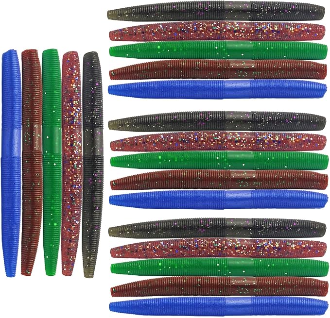 Senko Bait Soft Plastic Lures 20pcs - 4inch Wacky Rig Worms for Bass Fishing, 5-Color Mix Soft Stick Baits for Wacky & Carolina Rig Fishing