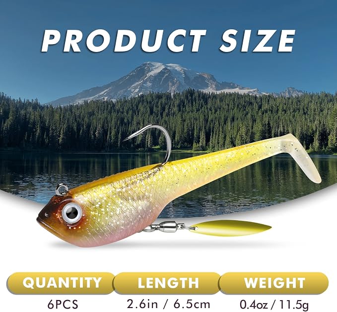GOTOUR Pre-Rigged Soft Fishing Lures with Weedless Hook, Lifelike Paddle Tail Swimbaits for Bass Fishing, Freshwater & Saltwater Fishing Bait, Fishing Tackle for Bass, Pike, Trout, and Walleye