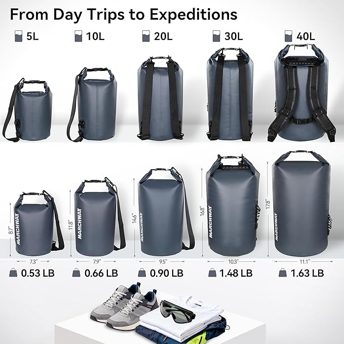 MARCHWAY Floating Waterproof Dry Bag Backpack 5L/10L/20L/30L/40L, Roll Top Sack Keeps Gear Dry for Kayaking, Rafting, Boating, Swimming, Camping, Hiking, Beach, Fishing
