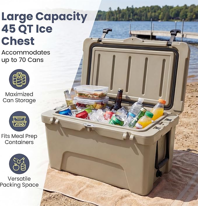 COSTWAY Portable Insulated Hard Cooler – Keeps Ice Up to 6 Days, Heavy-Duty Outdoor Ice Chest with Cup Holders, Built-in Fish Ruler & Bottle Opener for Camping, Fishing, Beach, Tailgating