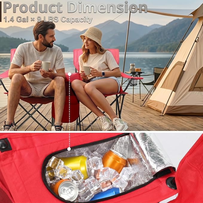 Portable Double Folding Picnic Chair with Removable Sun Umbrella and Cooler Bag, 2-Seat Outdoor Camping Chair with Cup Holders & Carrying Bag for Beach, Fishing, Patio, Red