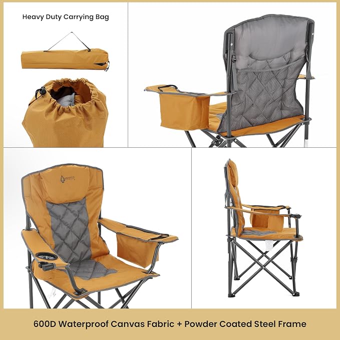 ARROWHEAD OUTDOOR Portable Deluxe Folding Camp Quad Chair w/Headrest, Glass & Cup Holders, Armest 6-can Cooler, Heavy Duty Carry Bag, 550 lbs Weight Capacity