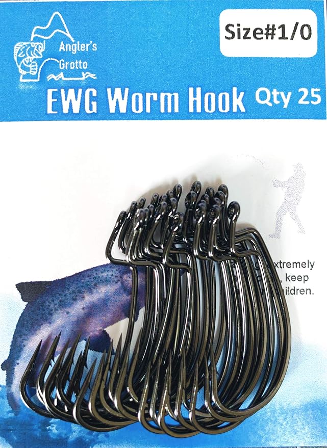 Angler's Grotto EWG Offset Shank Worm Hook | 15/25 Count Per Pack | Freshwater Saltwater Fishing Hooks | High Carbon Steel Extra Strength | Size #1#1/0#2/0#3/0#4/0#5/0