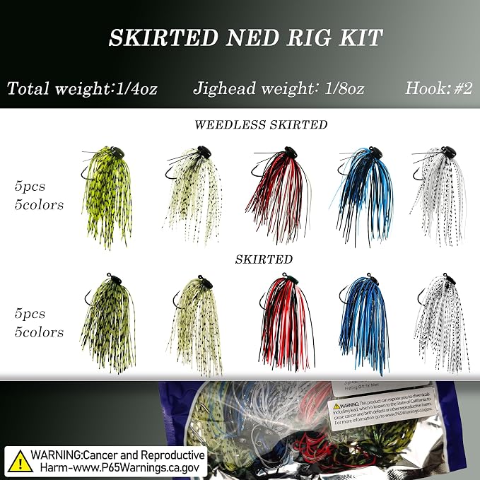 Ned Rig Jig Heads Soft Plastic Worms Fishing Lures Kit, 60/50/10 Pcs Weedless Skirted Mushroom Ned Rigs Jighead Hooks Stick Baits Bass Fishing Lures for Freshwater Saltwater
