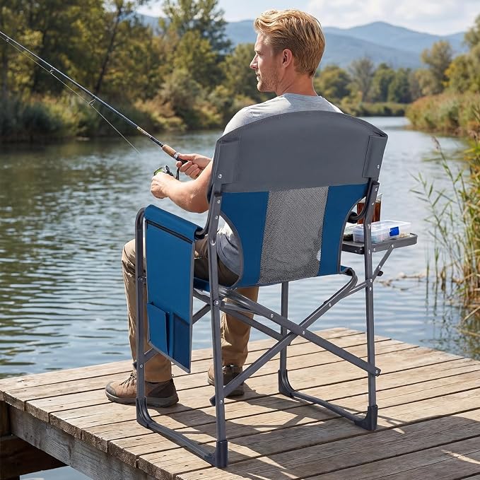 COSTWAY Oversized Folding Camping Chair with Padded Seat, Side Table, Cup Holder & Storage Pocket, Heavy-Duty Portable Director's Chair for Beach, Fishing, Picnic & Sports, Supports 400 lbs (Navy,1)