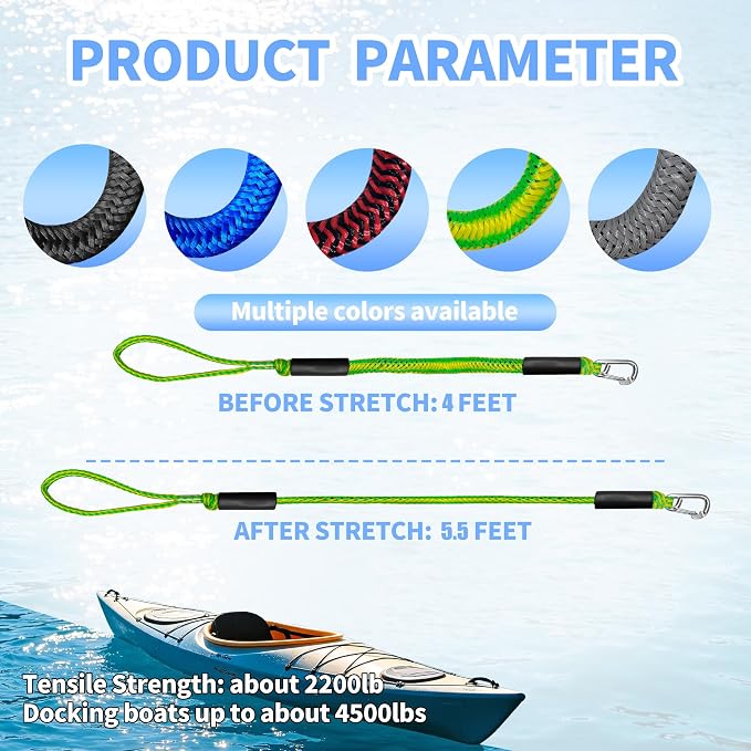Bungee Dock Line with Stainless Steel Clip – Boat Dock Rope with Foam Float for Kayak, Canoe, Pontoon, Watercraft, SeaDoo, Docking – 4–5.5 ft, 2 Pack（Yellow&Green）