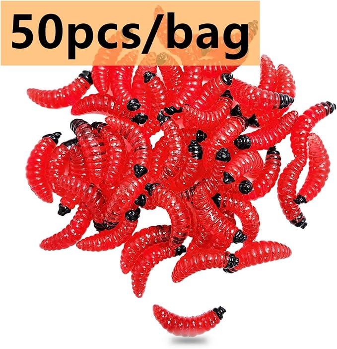 50pcs-1Inch Bass Fishing Worms Lures,Silicone Soft Maggot Baits Bread Worm Fishing Lure,5 Color