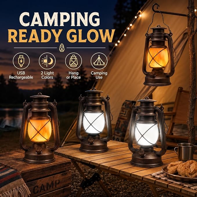 Lantern LED Battery Powered Camping Lamp Outdoor Hanging Rechargeable Lantern Flickering Flame Retro Lanterns Remote Control 4 Modes Light Non-Solar 2 Pack