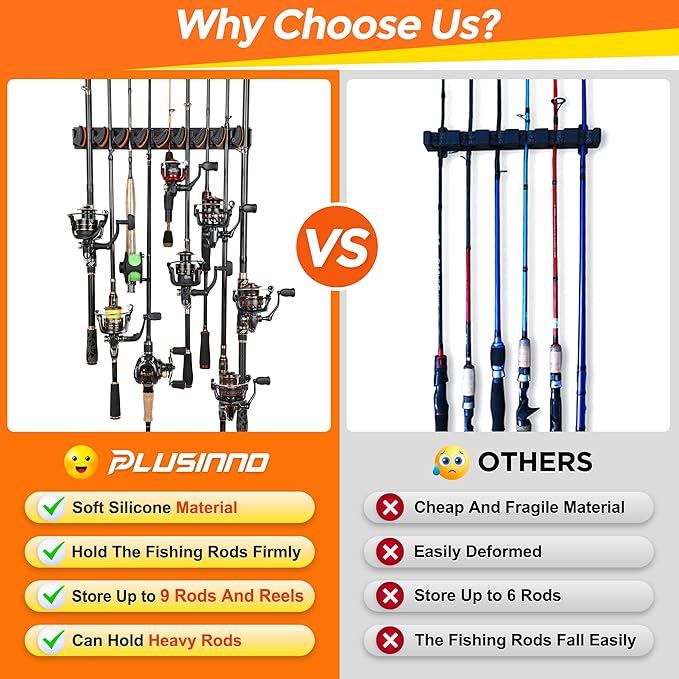 PLUSINNO V9 Vertical Fishing Rod Holders, Wall Mounted Fishing Pole Holders, Fishing Rod Rack Holds Up to 9 Rods or Combos, Fishing Rod Holders for Garage,Fishing Gear and fishing Gifts for Men