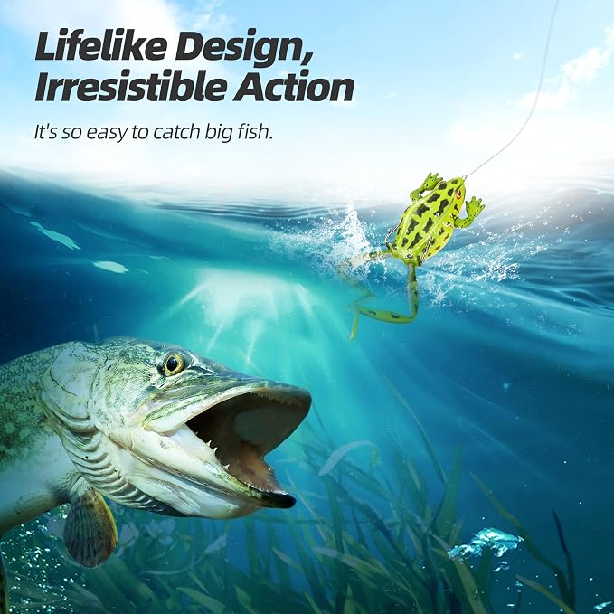 Soft Frog Lures, Topwater Swimbaits for Bass Fishing, Realistic PVC Design, Weedless Hooks, Perfect for Freshwater & Saltwater, Effective Fishing Lures for Pike & Snakehead