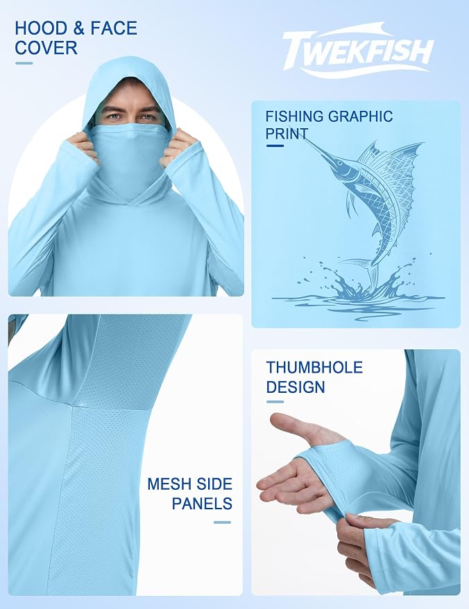 Men's UPF 50+ Long Sleeve Fishing Hoodie, UV Protection Sun Shirt with Hood Mask, Hooded Graphic Shirts for Outdoor