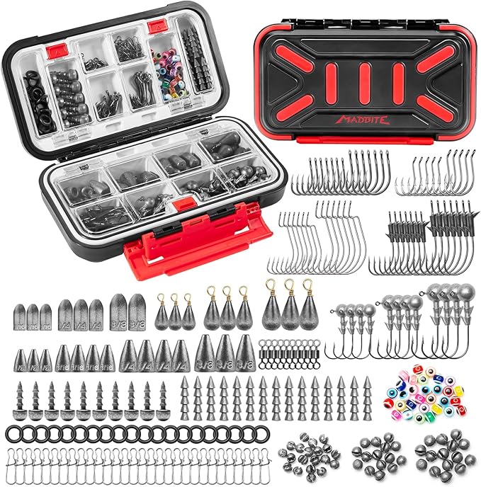 MadBite by KastKing 182/265/400pcs Compact Fishing Tackle Kit - All-in-One Freshwater Hooks, Weights, Bobbers in Tackle Box, Fishing Gear Set for Bass Trout Panfish