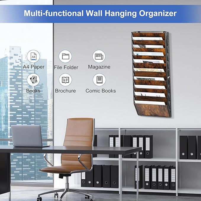 TQVAI 10-Pocket Hanging Wall File Organizer - Metal Folding Wall Mounted Mail Document Holder, Multi-Purpose Clipboard Storage Rack for Office, Homeschool, Classroom Organization, Black/Vintage