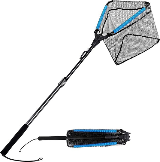 PLUSINNO Fishing Net Fish Floating Landing Net, Kayak Nets with Fixed Foldable Telescopic Pole Handle, Bass Trout Fishing Nets with Nylon Mesh for Pond Lake River, Fishing Gear Gifts for Men Anglers