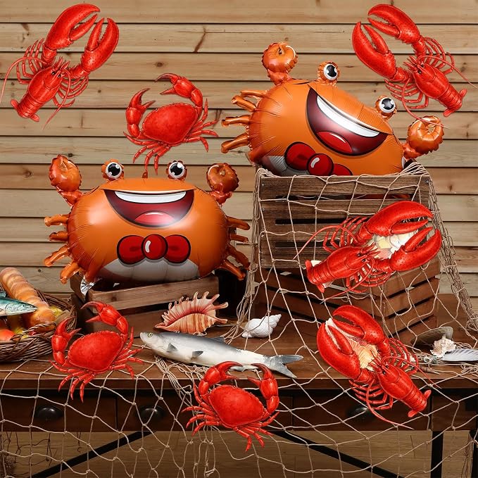 Silipull 11 Pcs Crawfish Crab Party Decorations Kit Fishing Net Cute Cardstock Photo Prop for Birthday Sea Animal Indoor Outdoor Dessert Table Party Supply